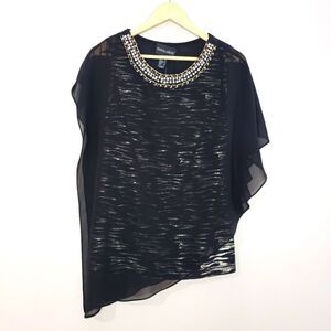 Frank Lyman Size 6 Small Black Grey Layered Asymmetrical Beaded Scoop Neck Top